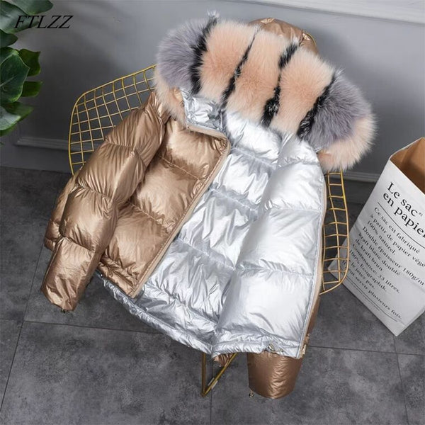 New Gold Silver Double Side Down Coat Winter Jacket Women