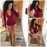 Sexy Women Bodysuit Long Sleeve Deep