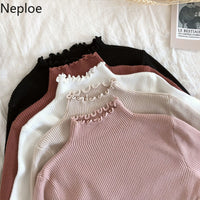 Neploe 2020 Fall Winter Ruffles Sweater Turtleneck Ruched Women Sweaters