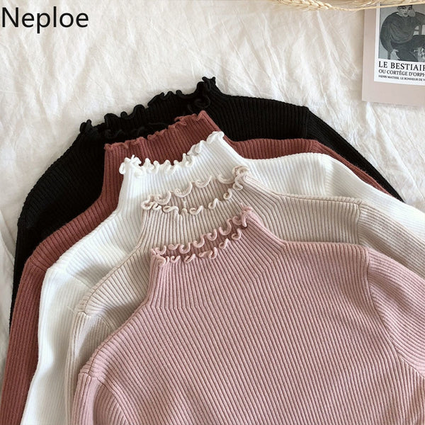 Neploe 2020 Fall Winter Ruffles Sweater Turtleneck Ruched Women Sweaters