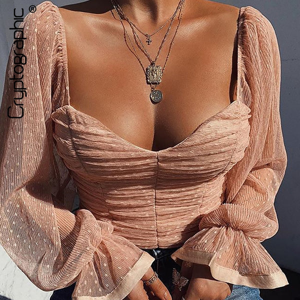 Cryptographic Square Collar Ruched Sexy Blouse Shirts Female