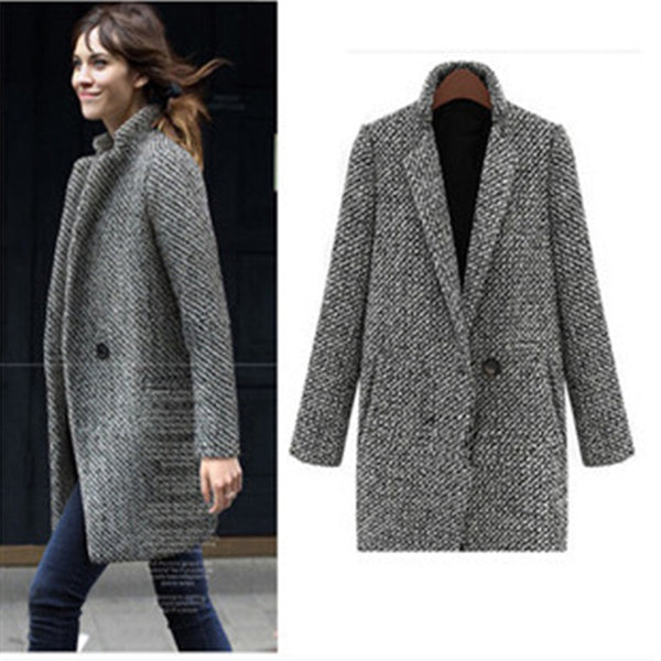 Vintage Autumn Winter Woolen Coat Single Button Pocket